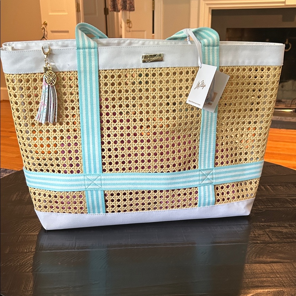 Lilly Pulitzer Aqua and White Woven Tote